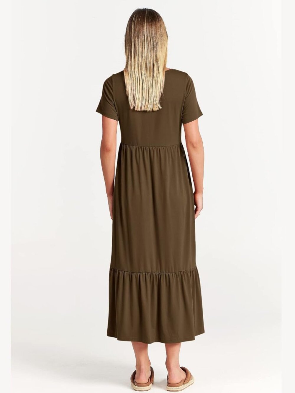 Women's Coffee Summer Casual Maxi Dress A line Tiered Short Sleeve Crewneck - Picture 5 of 6